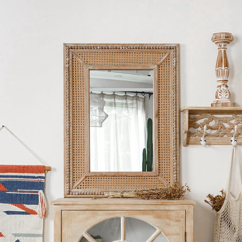 Boho Rattan Wall Mirror Wooden Framed Rectangle Mirror 24.21" x 1.18" x 32.28" N5506