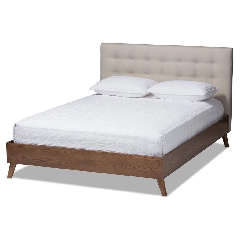 Mid-Century Wood Tufted Platform Bed, King, Beige/Brown I1741