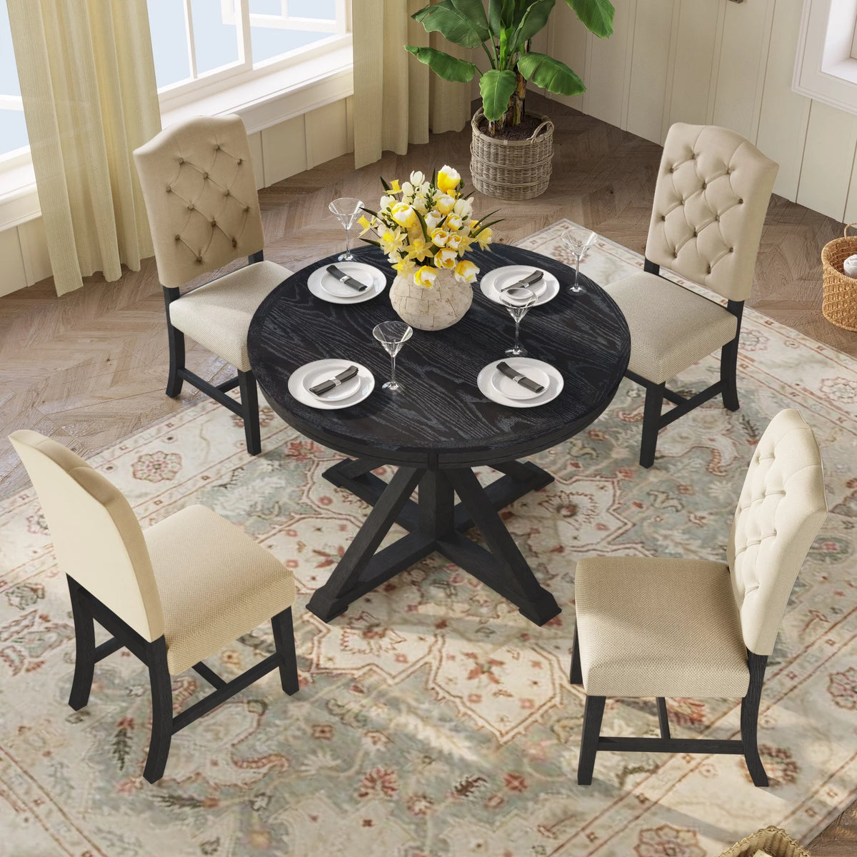 Extendable Dining Table Set with 4 Upholstered Chairs S782