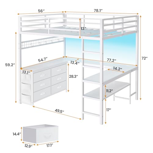 Full Size Loft Bed with U-Shaped Desk, 6 Storage Drawers, LED, Rustic Brown A675476