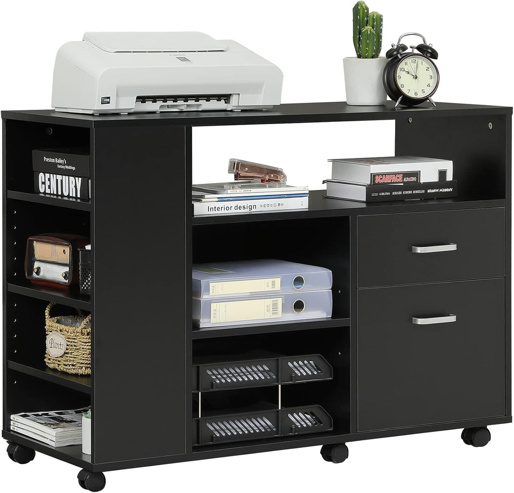 Black Rolling Wood File Cabinet with Storage Shelf I92739