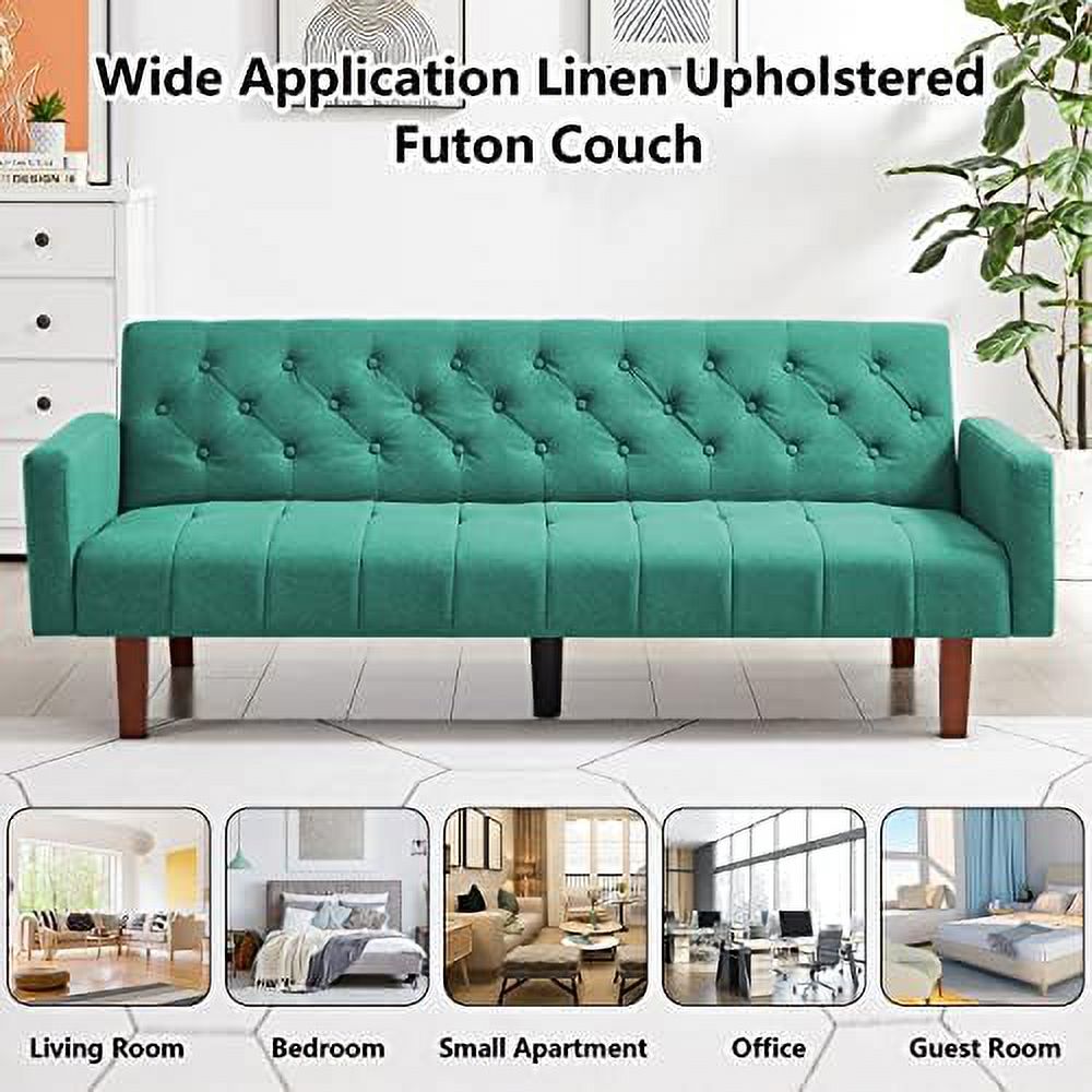 Linen Upholstered Futon Sofa Bed 74" Tufted 3 Seater Beige G46847