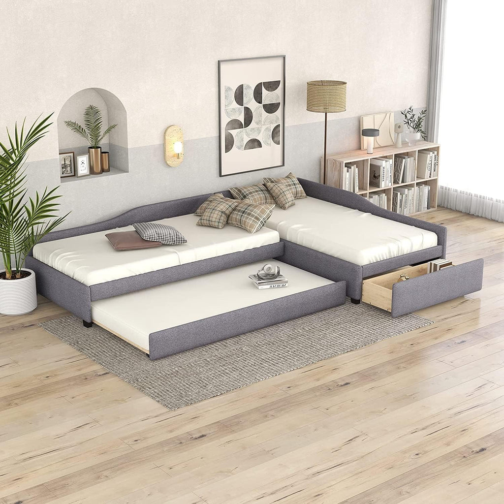 Upholstered L-Shaped 2 Beds with Trundle and Storage Drawer Grey L13024