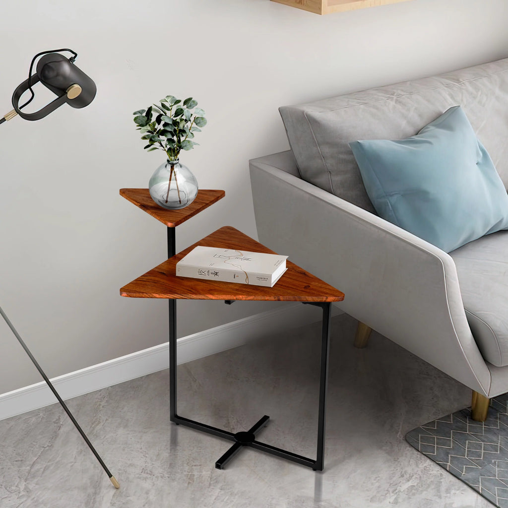 21 Inch Triangular Acacia Wood 2 Tier End Table Y9279