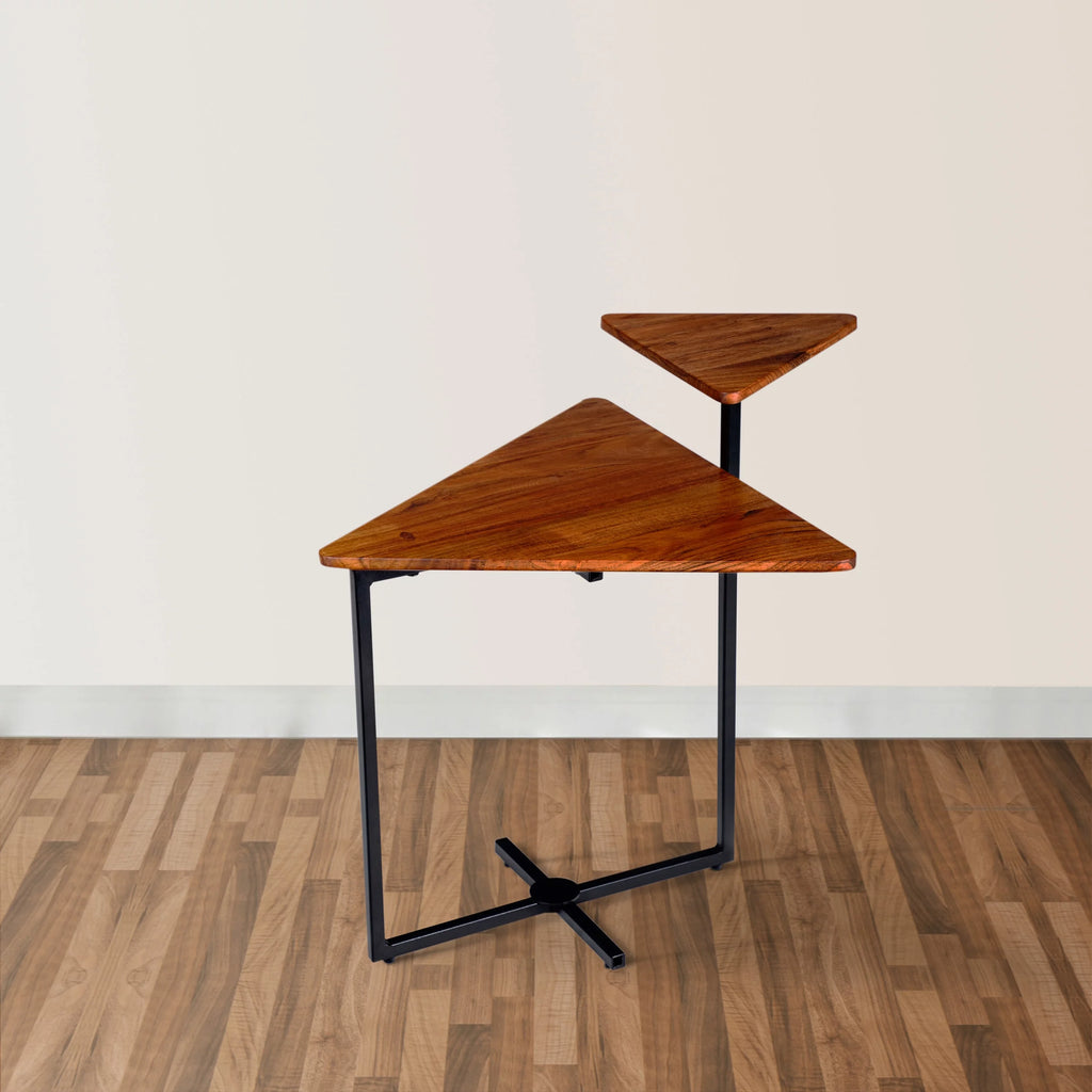 21 Inch Triangular Acacia Wood 2 Tier End Table Y9279