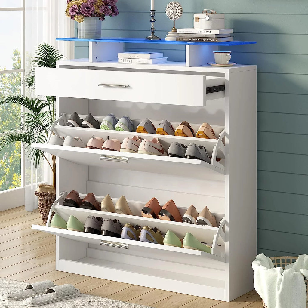 Black Slim Shoe Cabinet with 2 Flip Drawers and Tempered Glass Top K87386