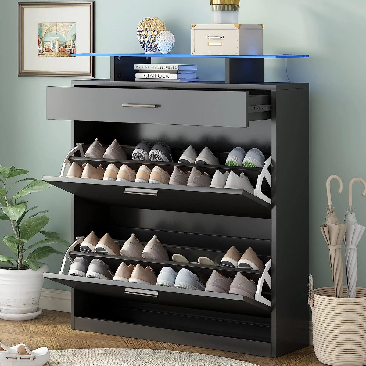 Black Slim Shoe Cabinet with 2 Flip Drawers and Tempered Glass Top K87386