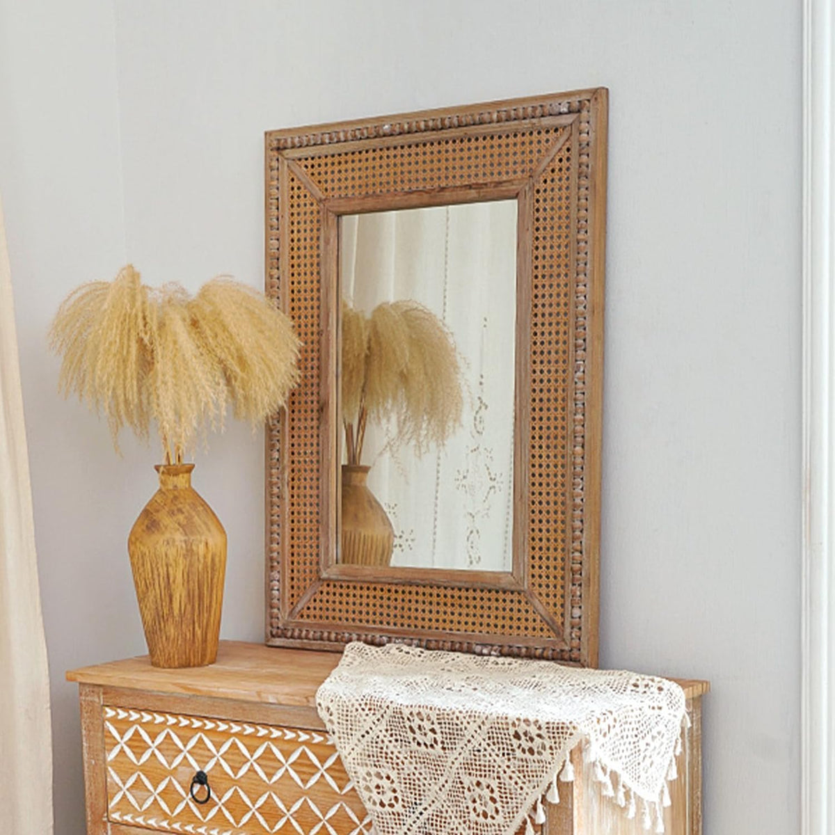 Boho Rattan Wall Mirror Wooden Framed Rectangle Mirror 24.21" x 1.18" x 32.28" N5506