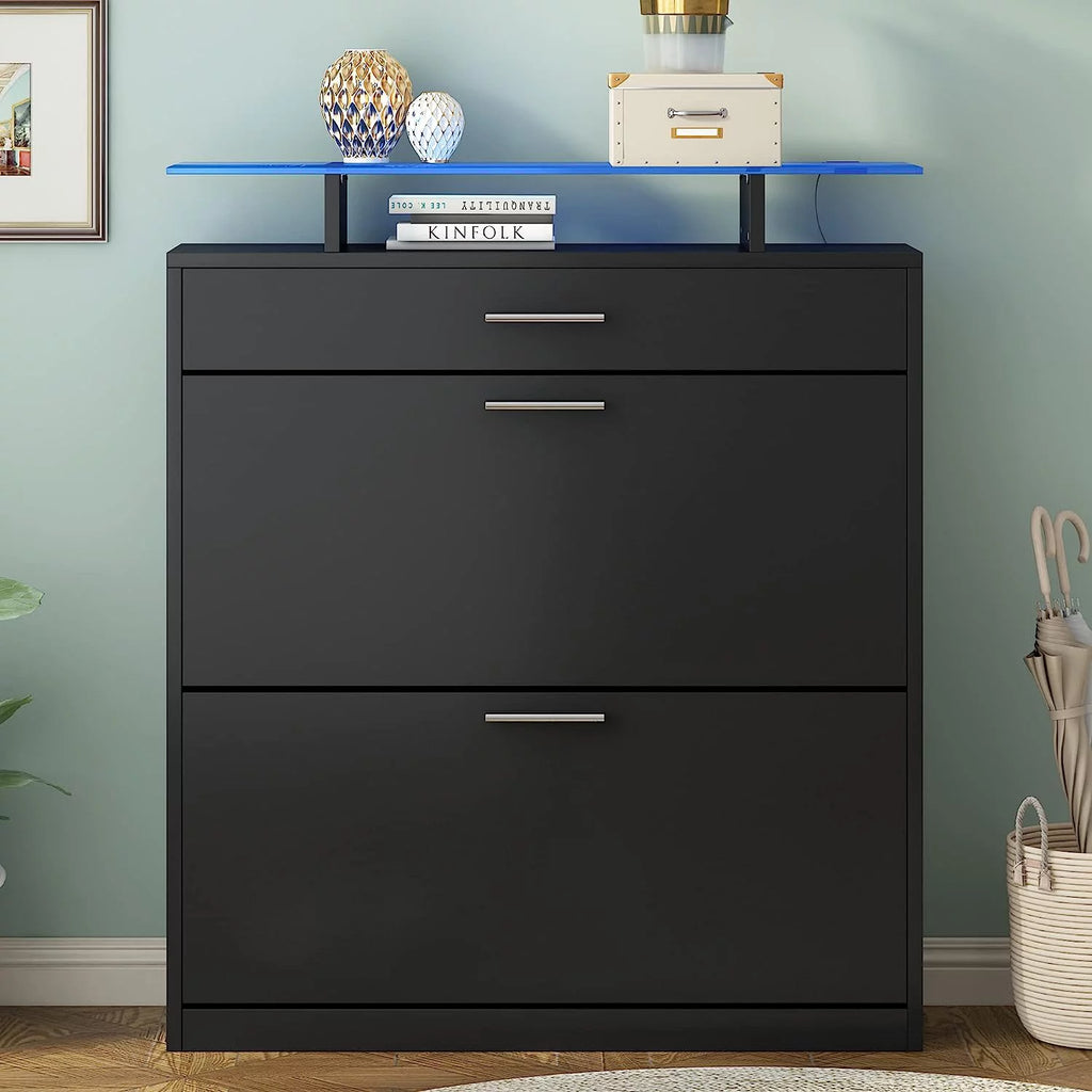 Black Slim Shoe Cabinet with 2 Flip Drawers and Tempered Glass Top K87386