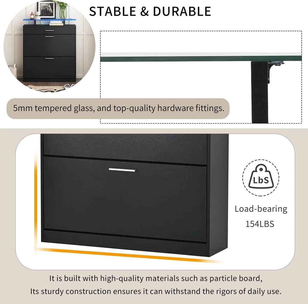 Black Slim Shoe Cabinet with 2 Flip Drawers and Tempered Glass Top K87386