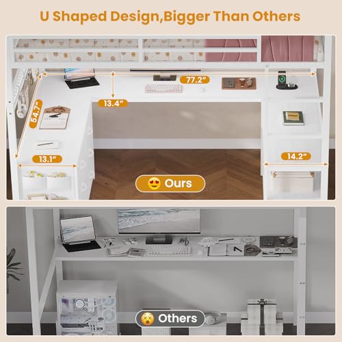 Full Size Loft Bed with U-Shaped Desk, 6 Storage Drawers, LED, Rustic Brown A675476