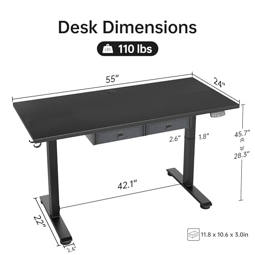 White 63 x 24 Inches Adjustable Height Electric Standing Desk with 2 Drawers L408