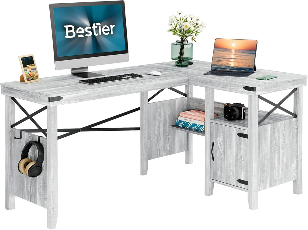 55 Inch White Computer Desk with Storage Cabinet X48996
