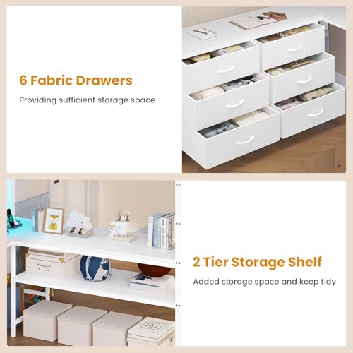 Full Size Loft Bed with U-Shaped Desk, 6 Storage Drawers, LED, Rustic Brown A675476
