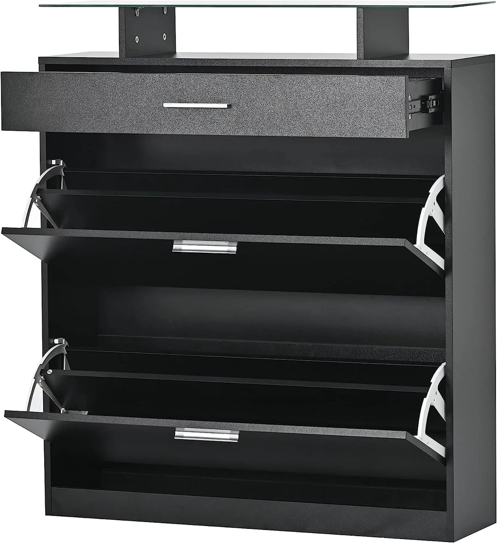 Black Slim Shoe Cabinet with 2 Flip Drawers and Tempered Glass Top K87386