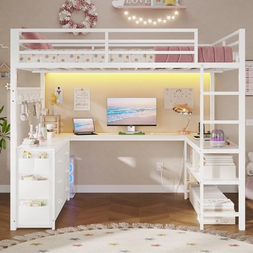 Full Size Loft Bed with U-Shaped Desk, 6 Storage Drawers, LED, Rustic Brown A675476