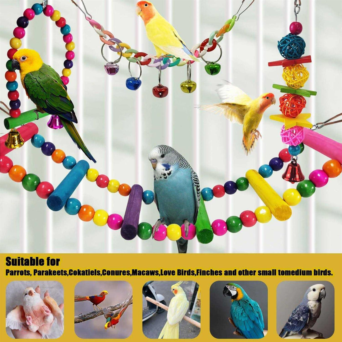 7 Pcs Colorful Bird Toys Cage Hammock Swing Climbing Ladders Chewing Toy Mirror Hanging Bell Wooden Perch K2613