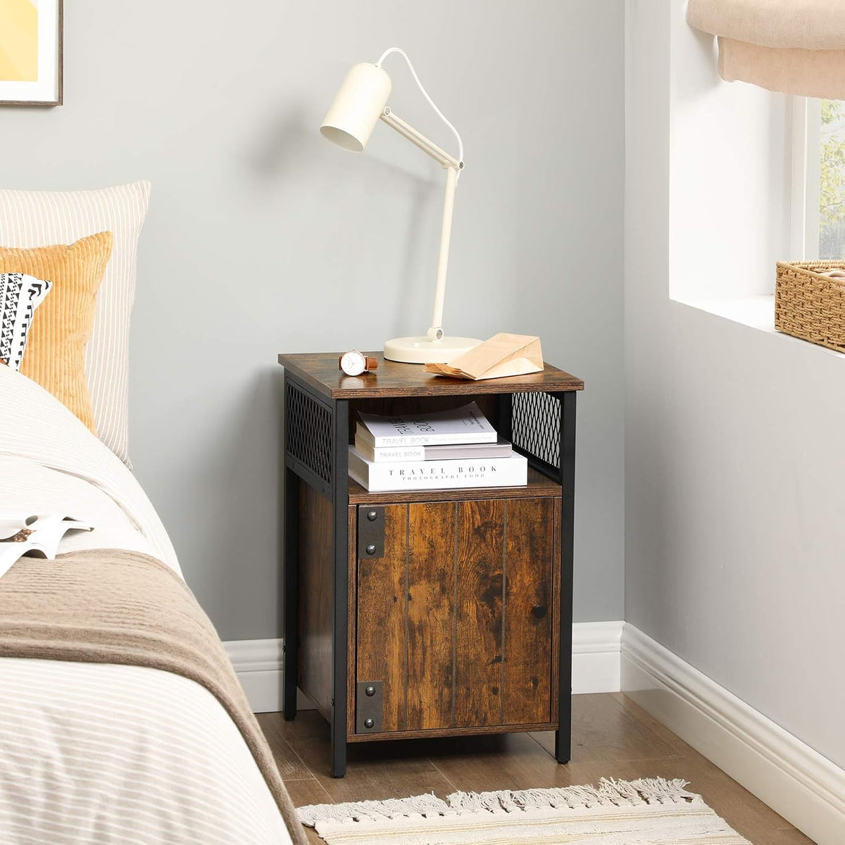 Rustic Brown and Black Nightstand with Open Shelf and Storage Cabinet M39824