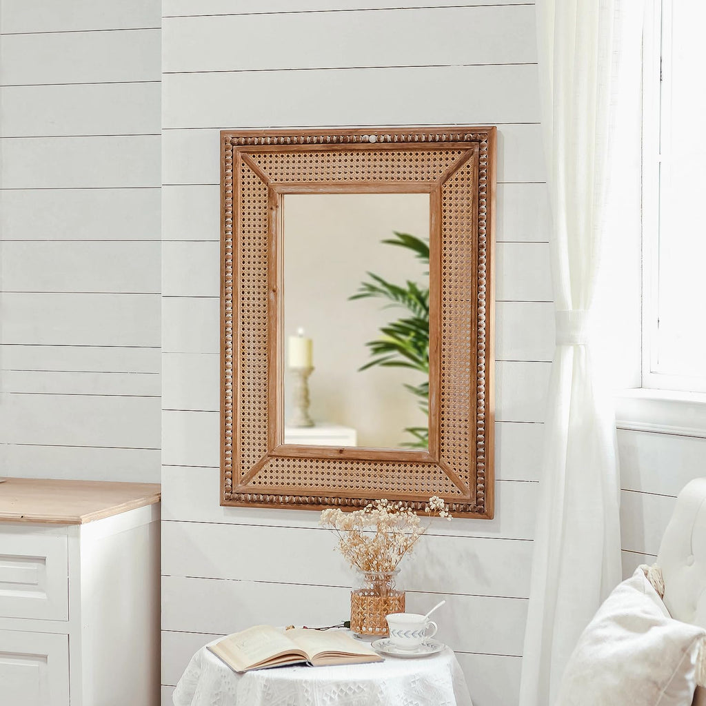 Boho Rattan Wall Mirror Wooden Framed Rectangle Mirror 24.21" x 1.18" x 32.28" N5506