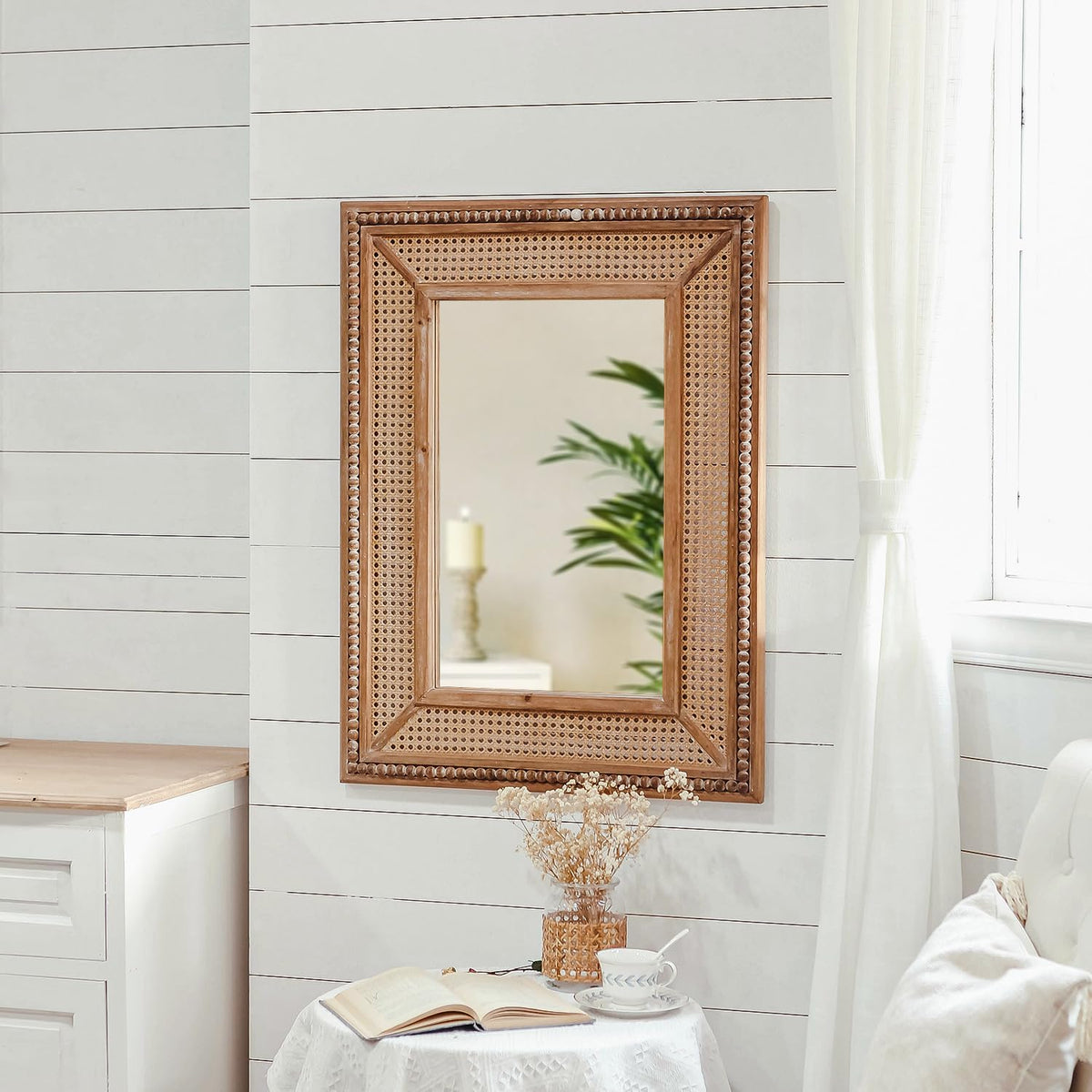 Boho Rattan Wall Mirror Wooden Framed Rectangle Mirror 24.21" x 1.18" x 32.28" N5506