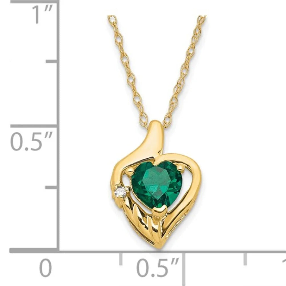 10K Yellow Gold Created Emerald and Diamond Heart Necklace 18" L6034