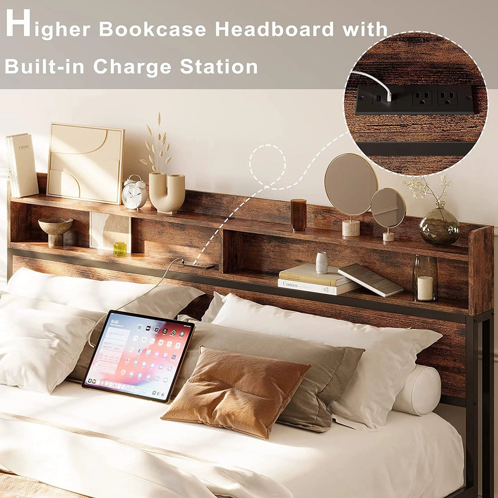 King Size Platform Storage Bed with Bookcase Headboard O5657
