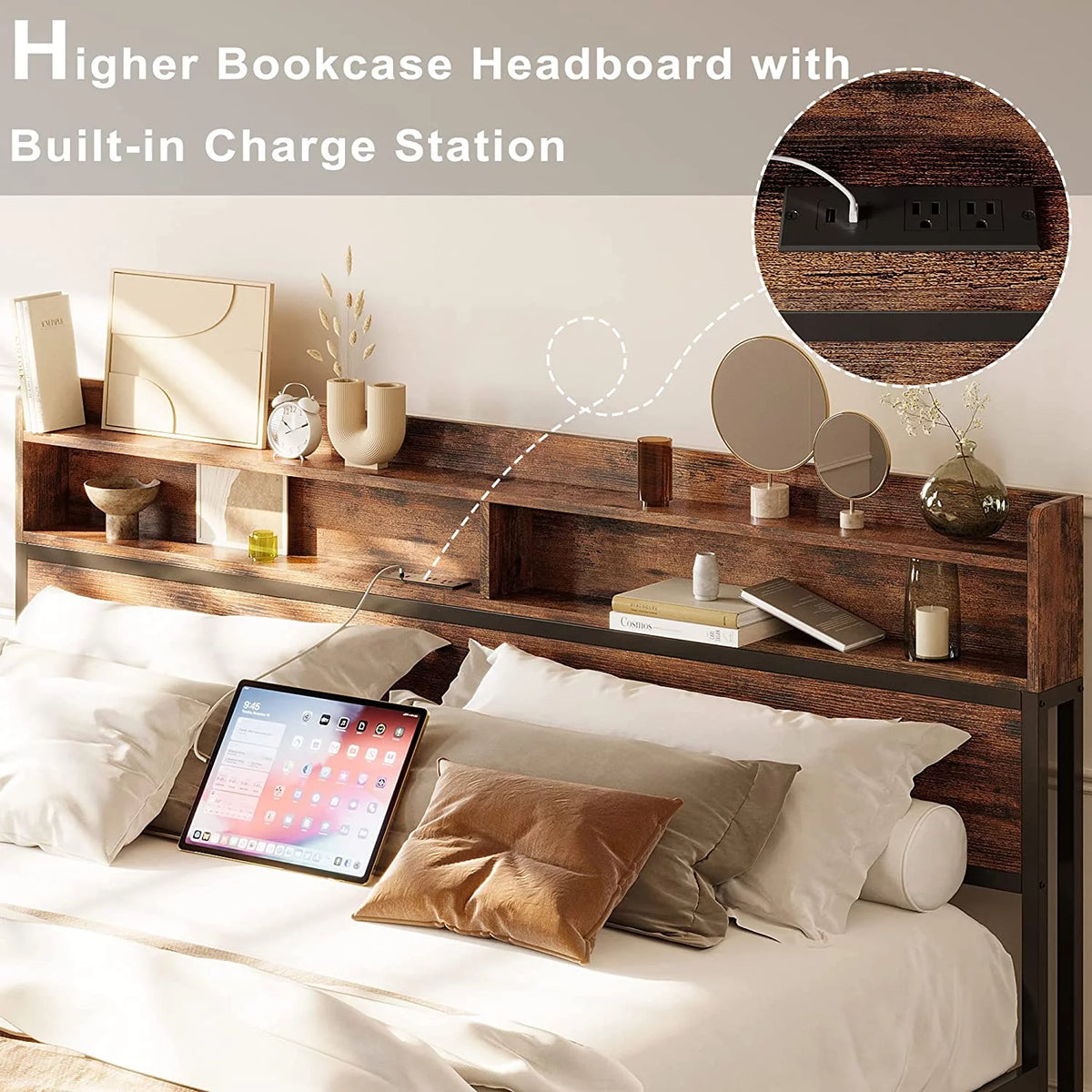King Size Platform Storage Bed with Bookcase Headboard O5657