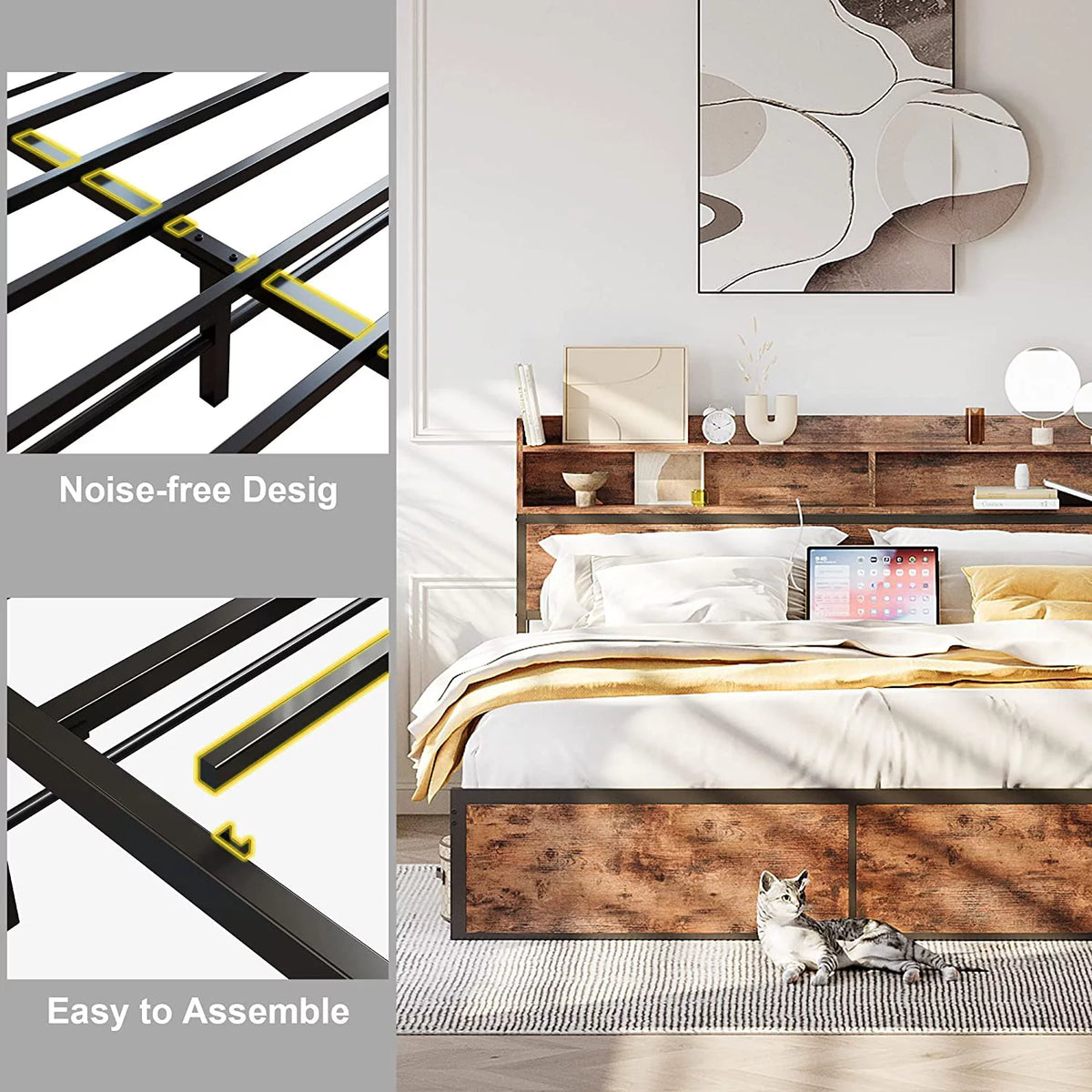 King Size Platform Storage Bed with Bookcase Headboard O5657