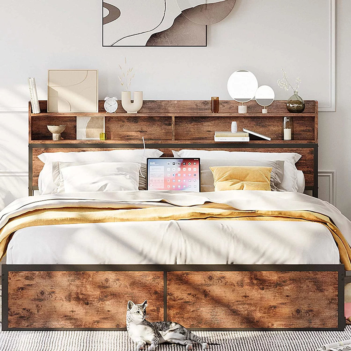 King Size Platform Storage Bed with Bookcase Headboard O5657