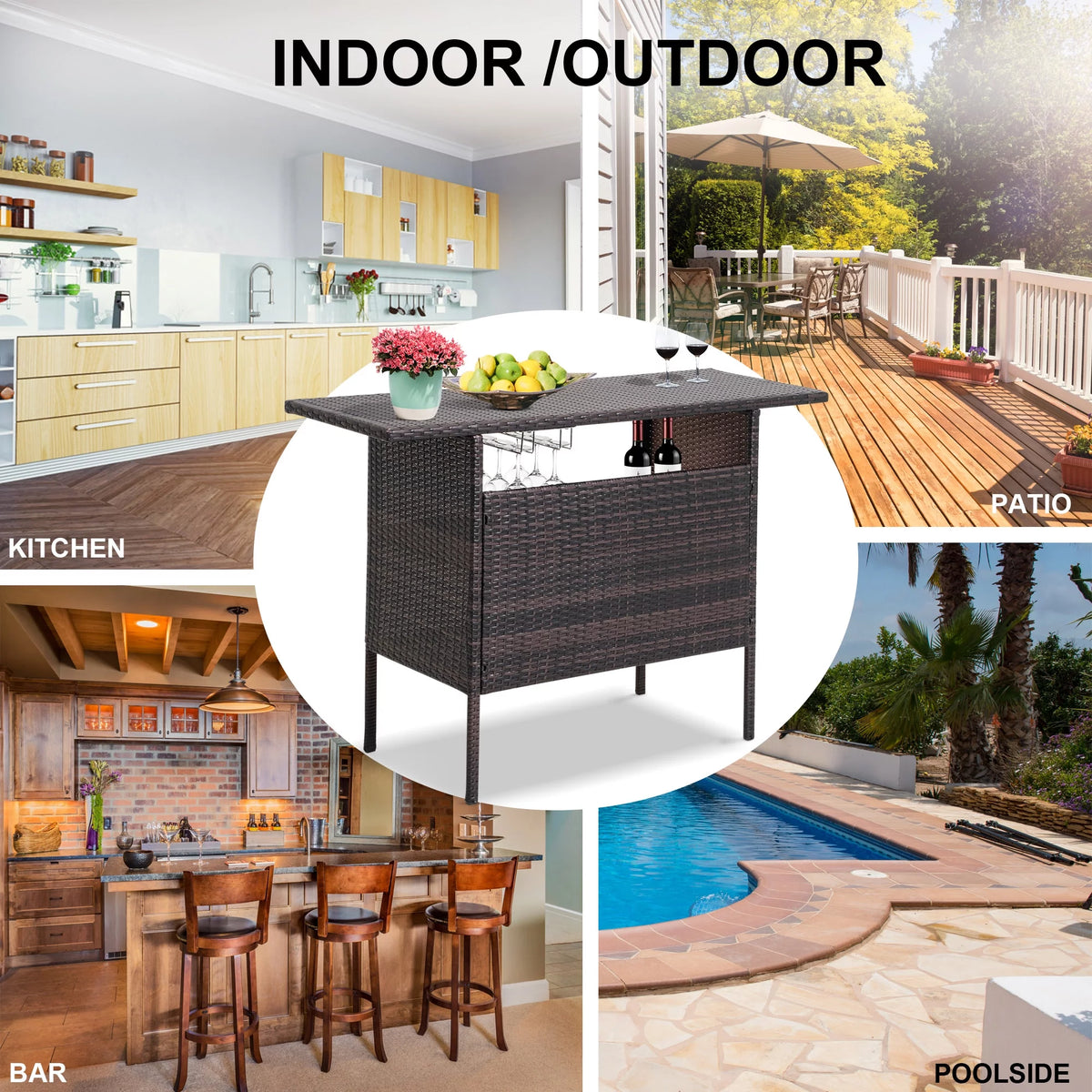 Outdoor Wicker Bar with 2 Storage Shelves V13111