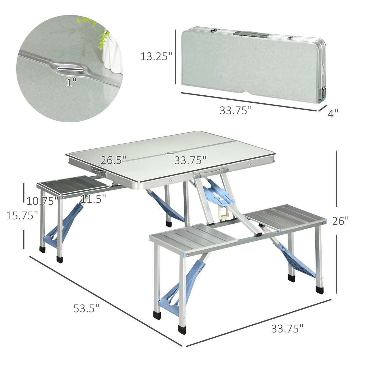 4 Person Aluminum Folding Picnic Table Set with Umbrella Hole A9925