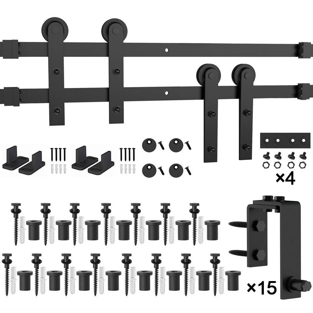 18ft Double Bypass Sliding Barn Door Hardware Kit Black Finish H405