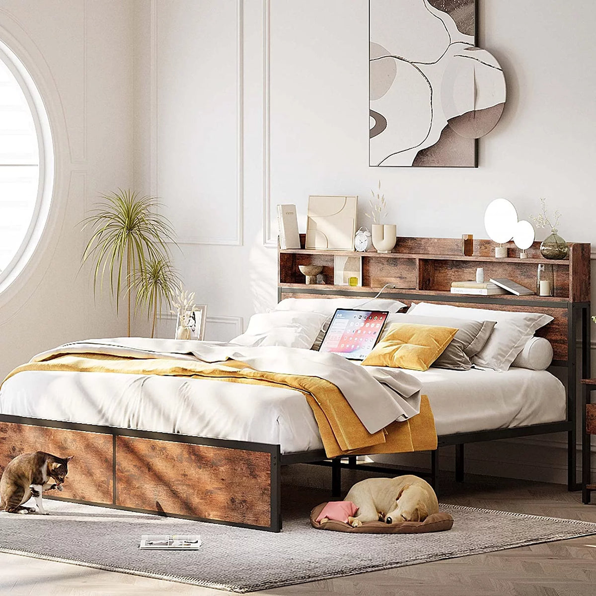 King Size Platform Storage Bed with Bookcase Headboard O5657