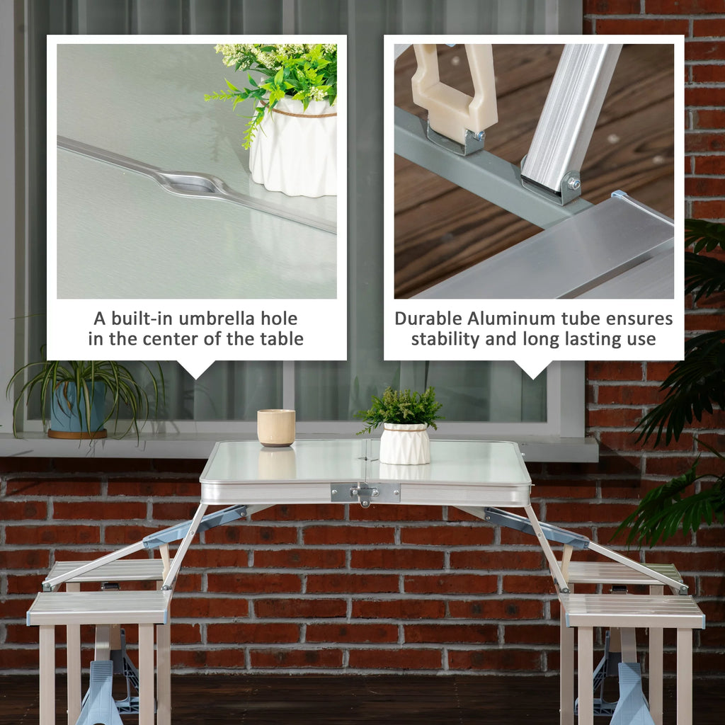 4 Person Aluminum Folding Picnic Table Set with Umbrella Hole A9925