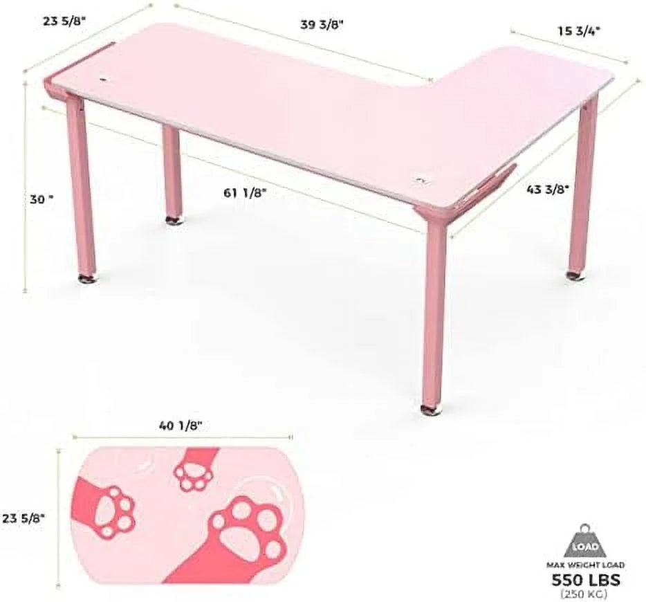 61 Inch L Shaped Pink Gaming Desk with Mousepad P960
