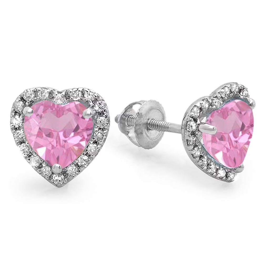 14K White Gold Heart Shape Pink Sapphire & Round Cut Diamond Halo Stud Earrings Q29692