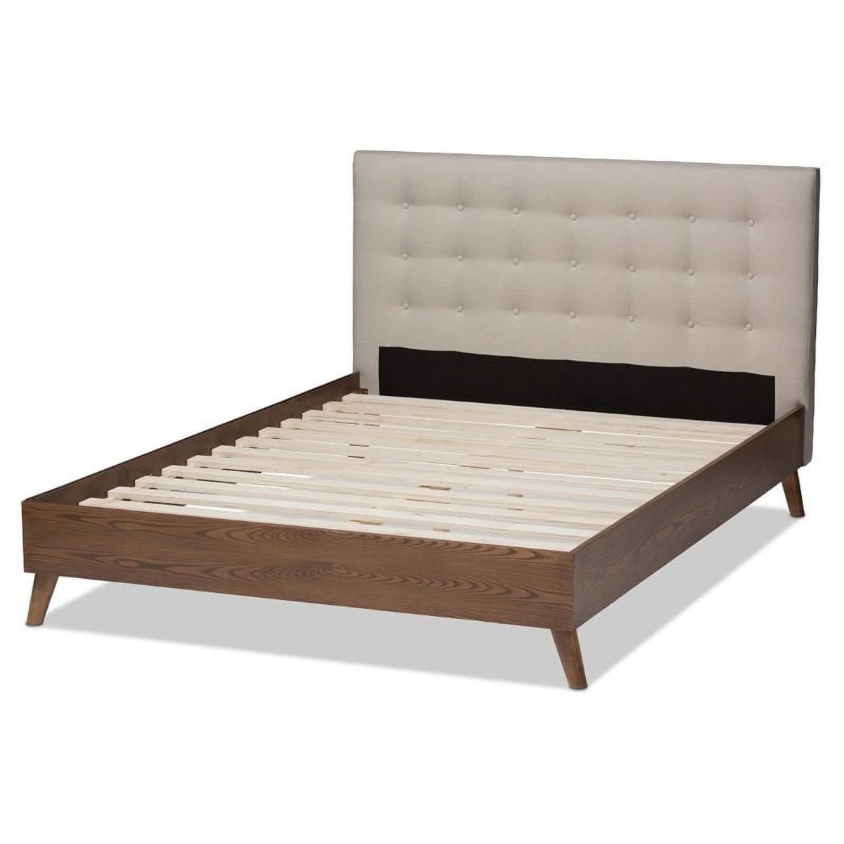 Mid-Century Wood Tufted Platform Bed, King, Beige/Brown I1741