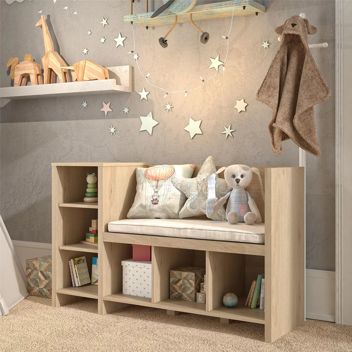 Blonde Oak Storage Bench and Coat Rack V762
