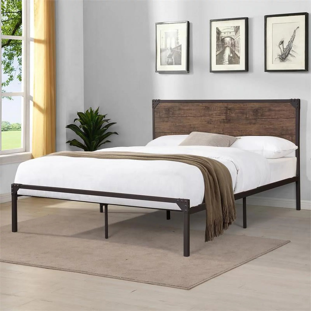 Queen Metal Platform Bed in Brown Q85499