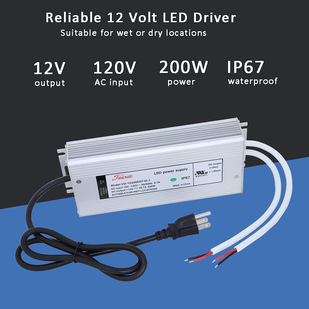 12V 200W Low Voltage Transformer IP67 Waterproof LED Driver Power Supply 200 Watts Adapter 110V AC to 12V DC Pack of 2 U2936
