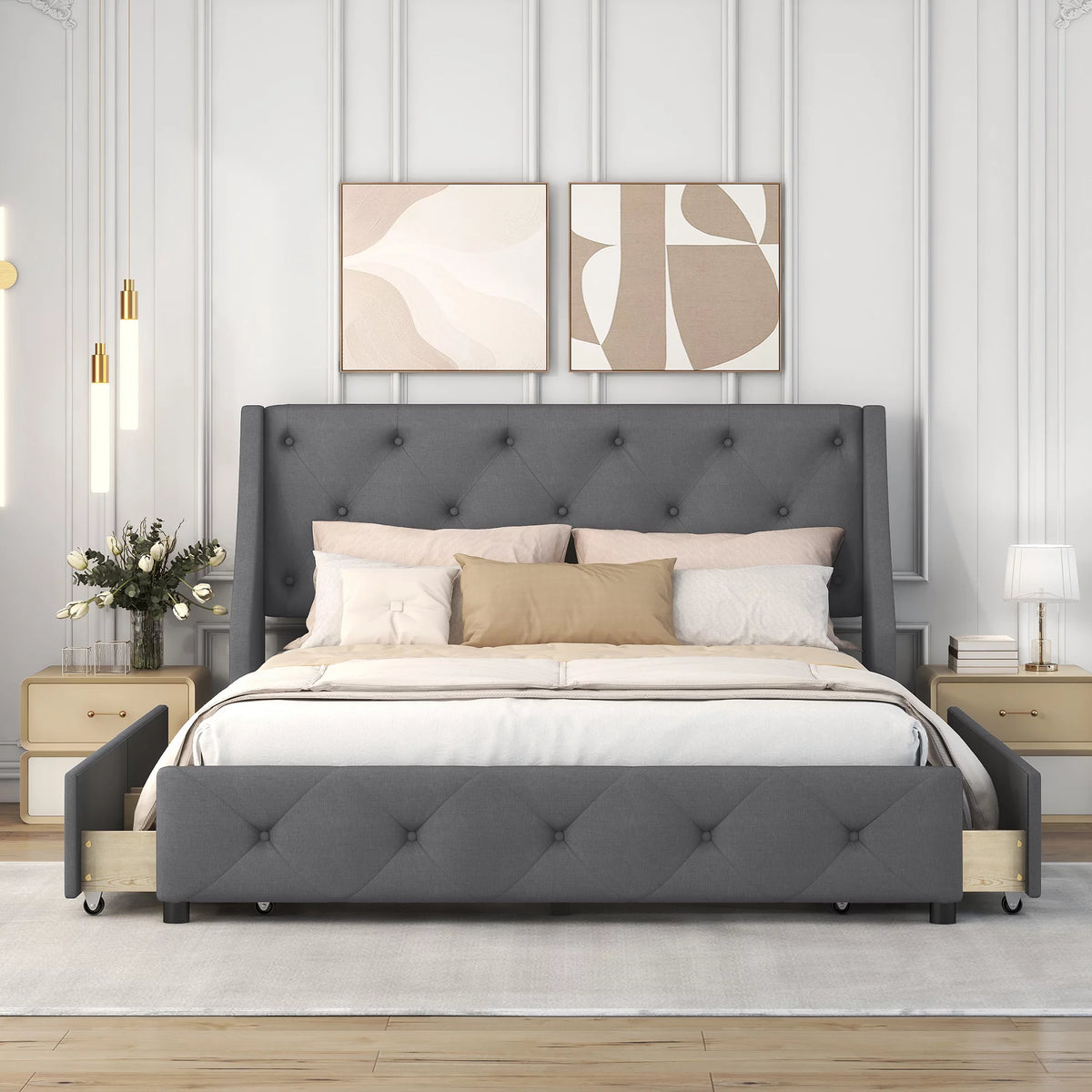 Queen Size Gray Linen Upholstered Platform Bed with 4 Drawers C535153
