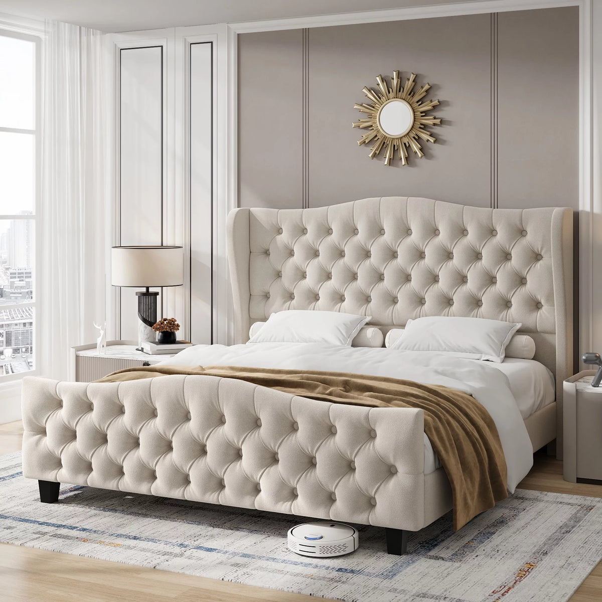 Queen Size Beige Velvet Tufted Upholstered Platform Bed Frame with Wingback Headboard O89319