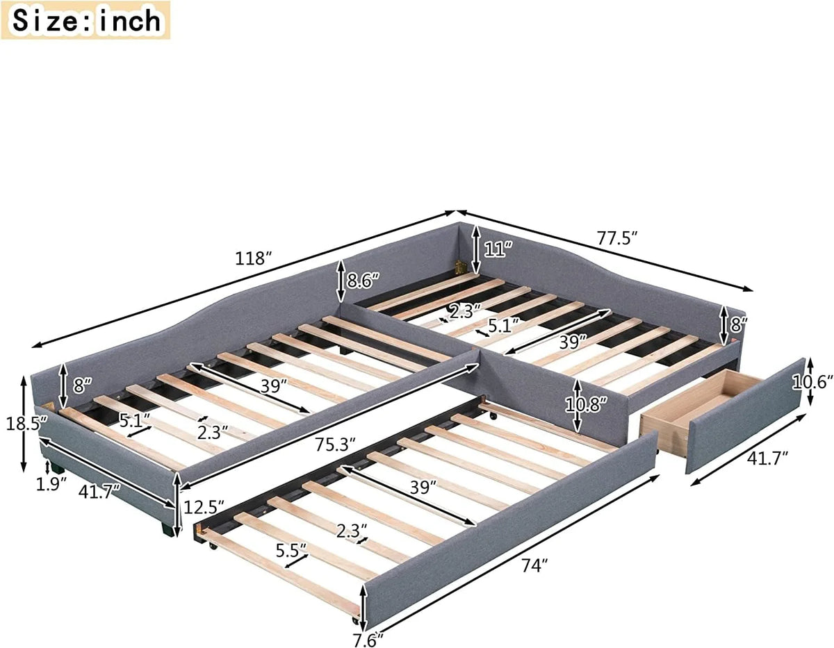 Upholstered L-Shaped 2 Beds with Trundle and Storage Drawer Grey L13024