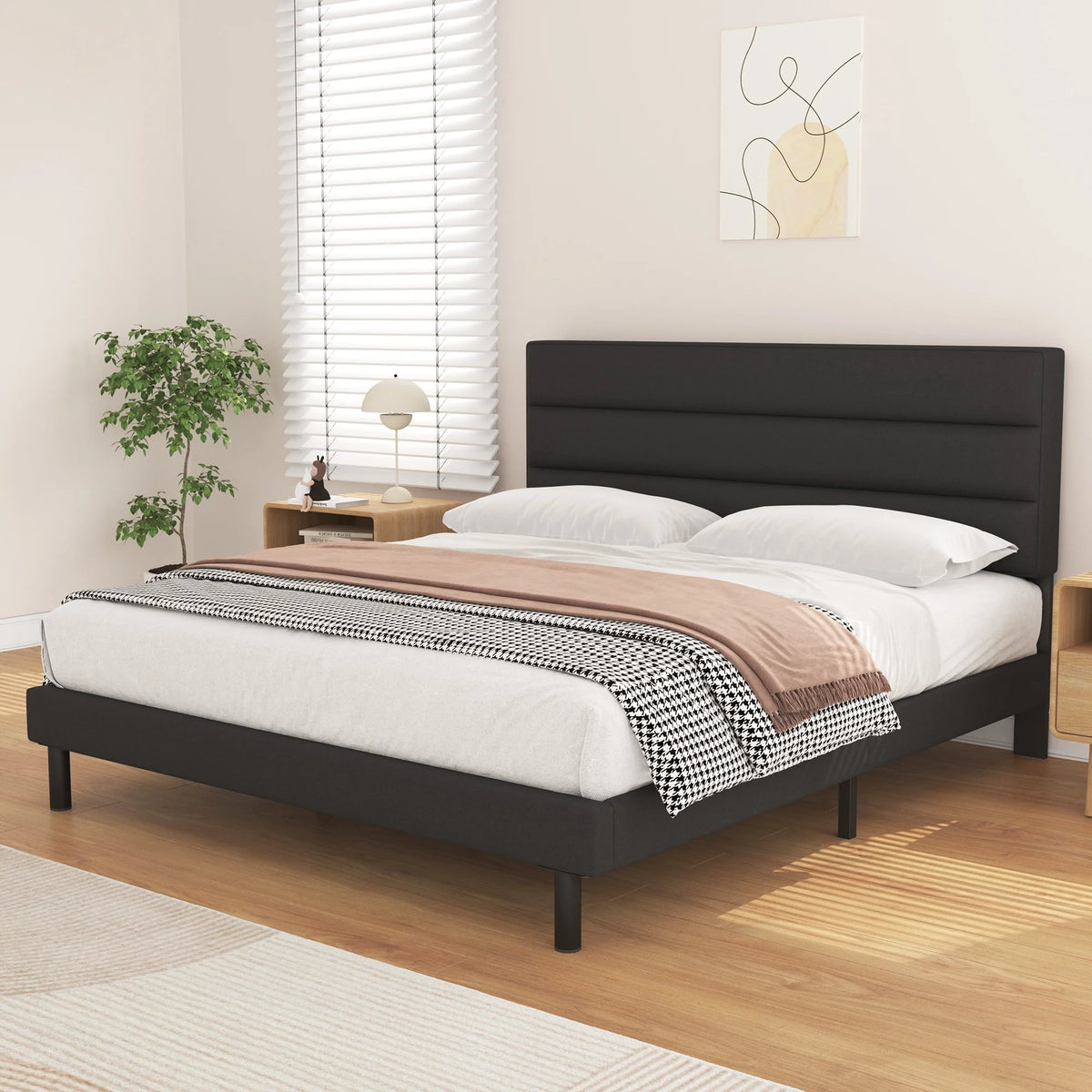 Queen Size Wingback Fabric Upholstered Bed Frame U81451