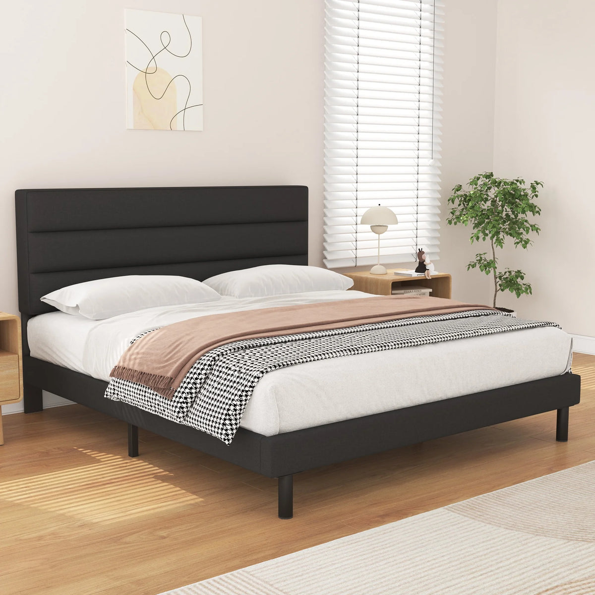 Queen Size Wingback Fabric Upholstered Bed Frame U81451