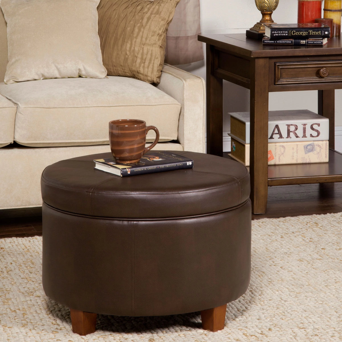 Chocolate Faux Leather Round Storage Ottoman D56559