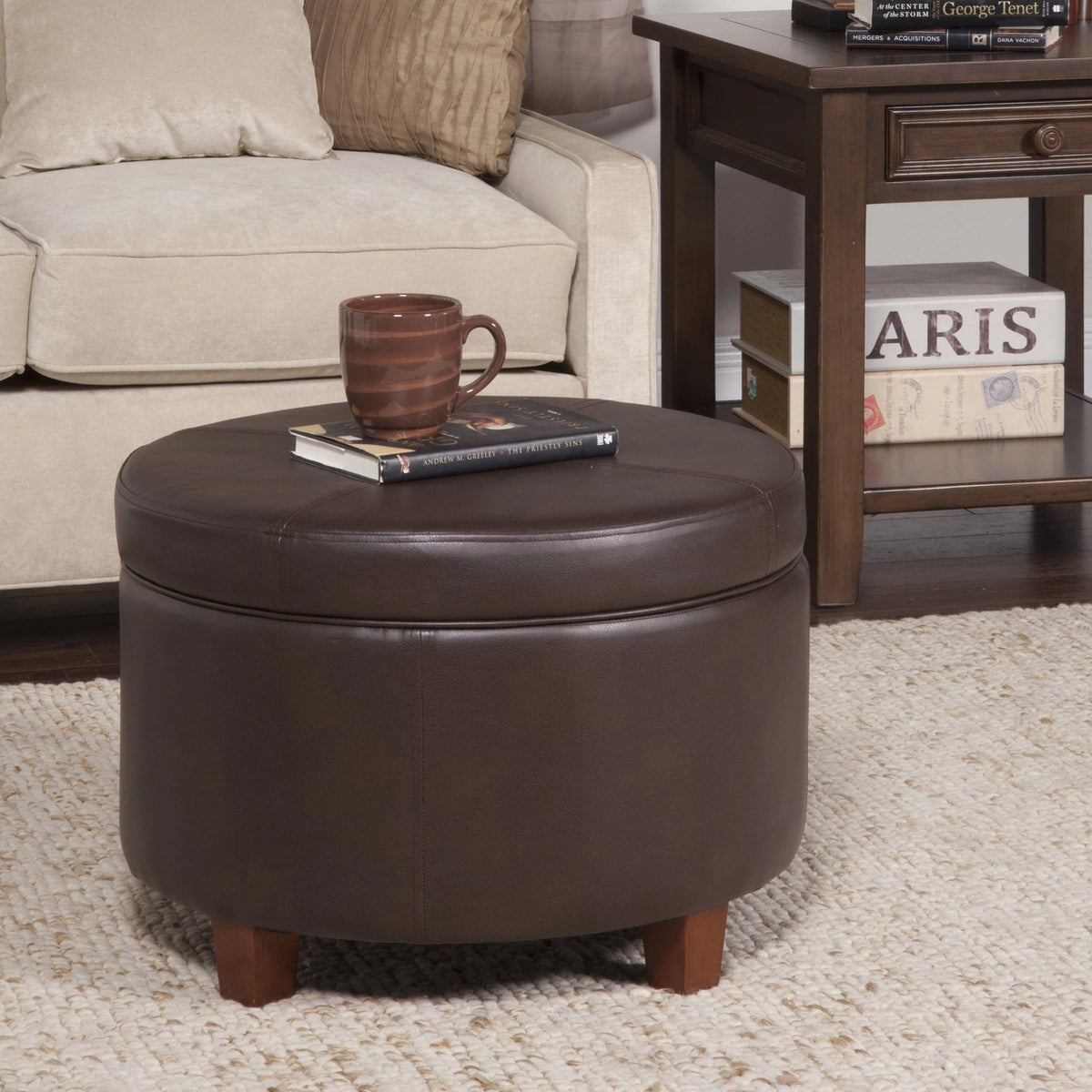 Chocolate Faux Leather Round Storage Ottoman D56559