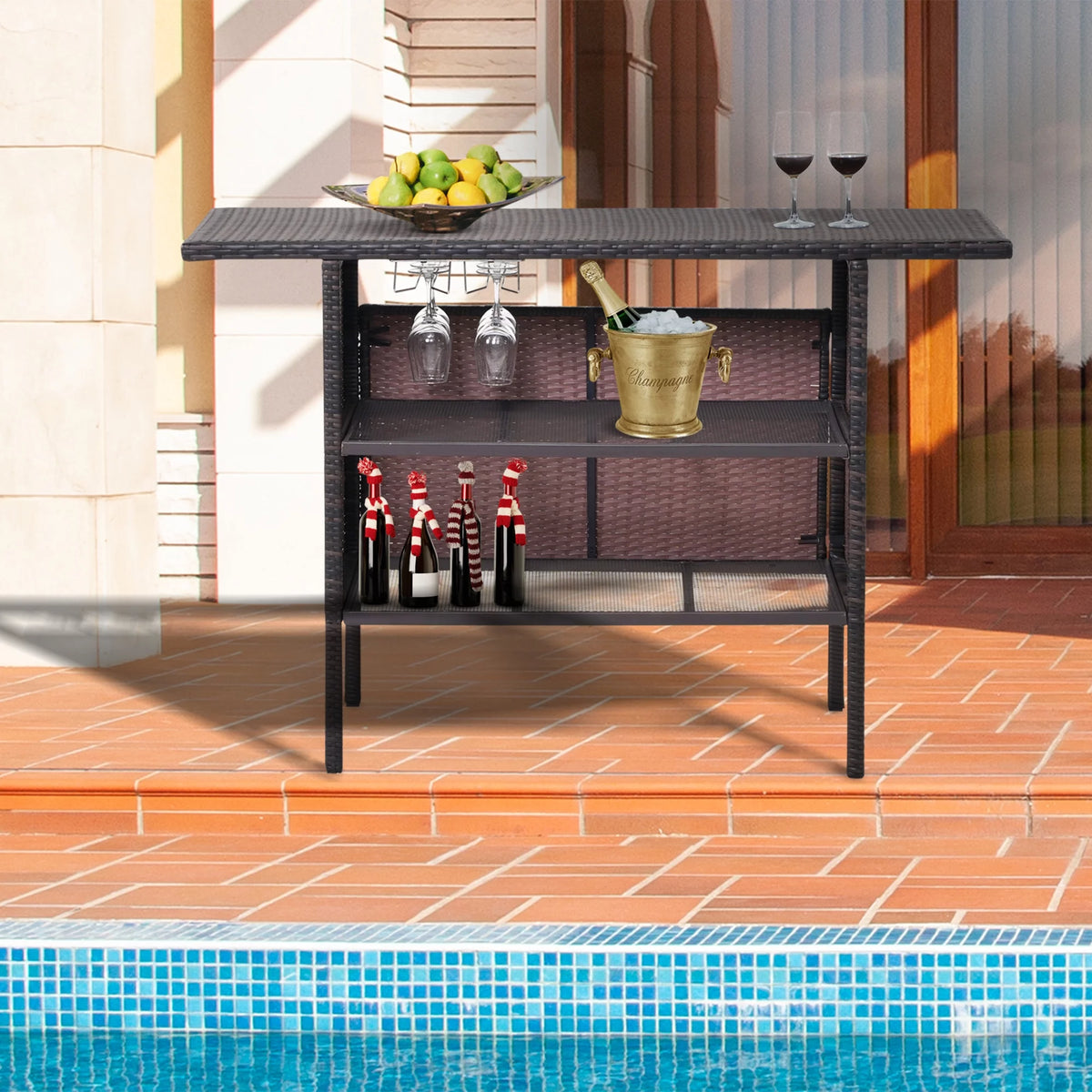 Outdoor Wicker Bar with 2 Storage Shelves V13111