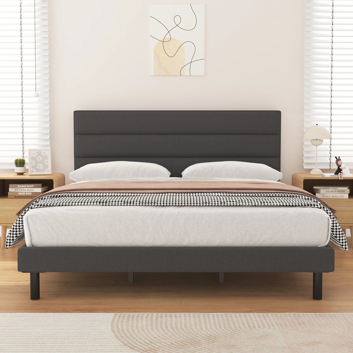 Queen Size Wingback Fabric Upholstered Bed Frame U81451