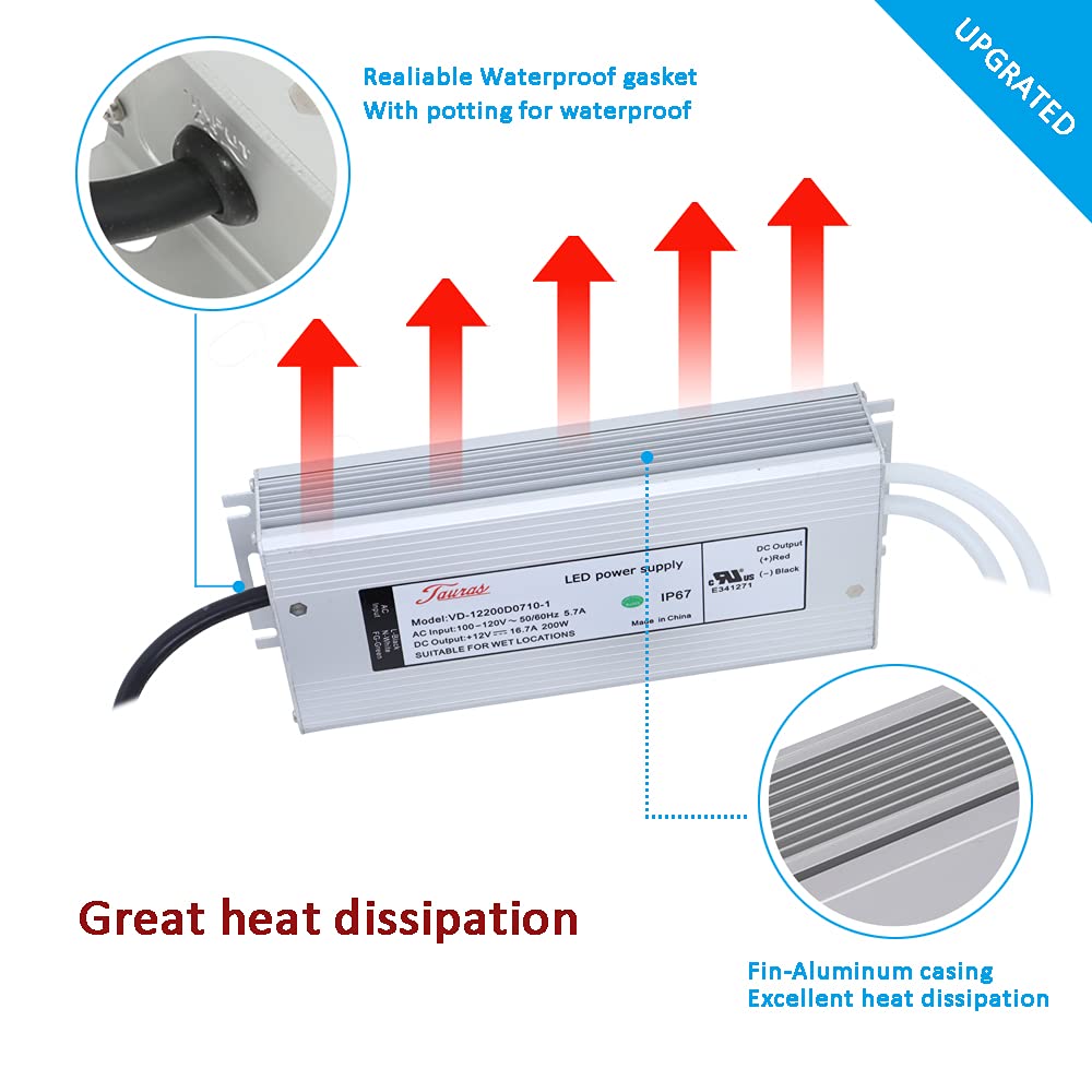 12V 200W Low Voltage Transformer IP67 Waterproof LED Driver Power Supply 200 Watts Adapter 110V AC to 12V DC Pack of 2 U2936